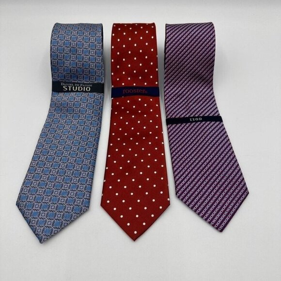 Lot 3 Mens Silk Classic Ties Izod Daniel De Fasson Rooster Blue Red New - Picture 1 of 16